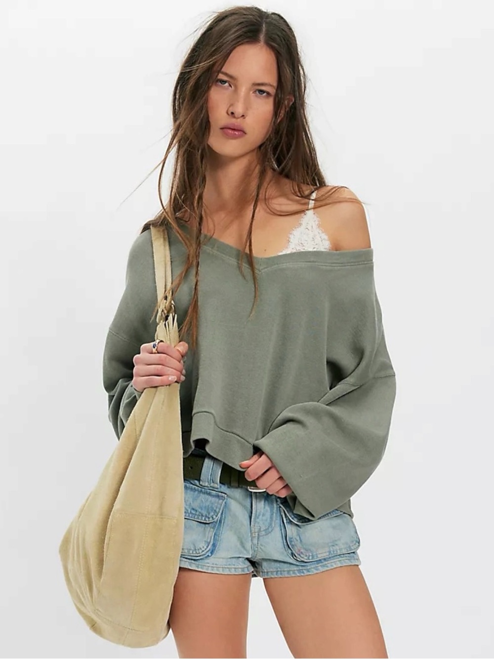Free People Oversized Comfort Zone V Neck Pullover Sweatshirt Basil Medium NWT
